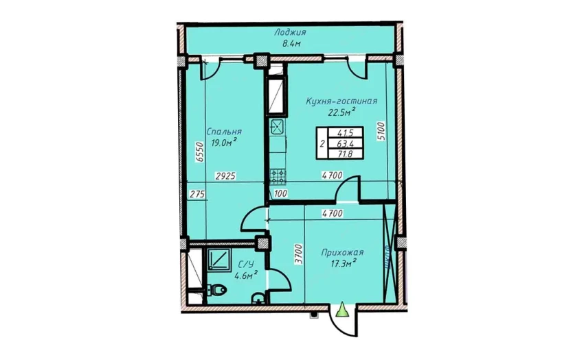 2-xonali xonadon 71.8 m²  5/16 qavat | Havas Premium Turar-joy majmuasi