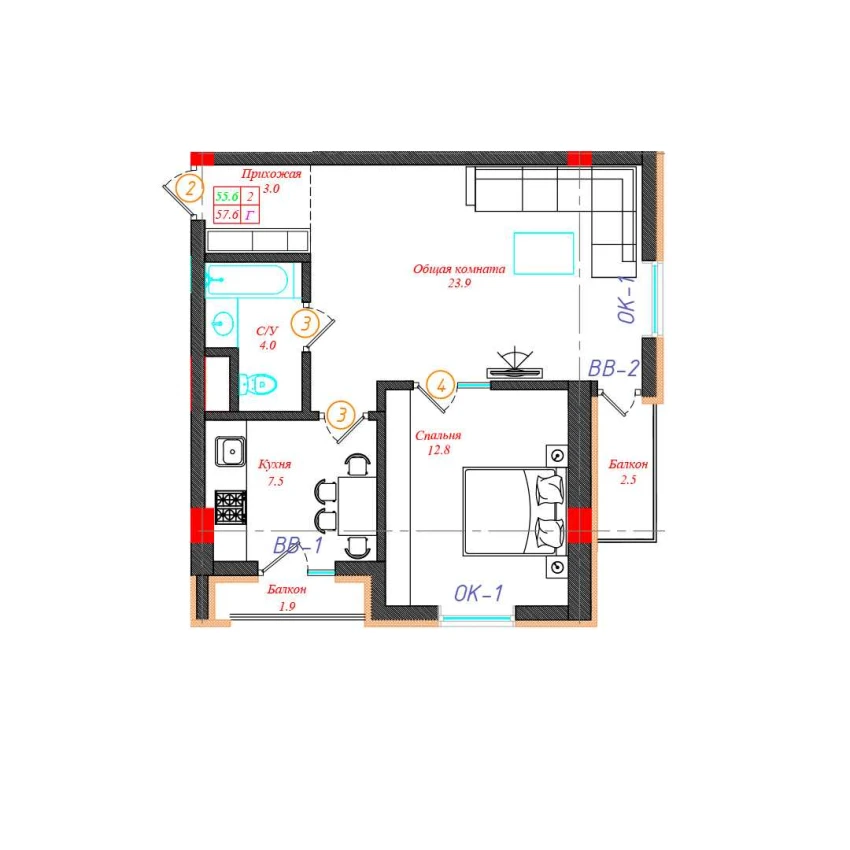 2-комн. квартира 57.6 м²  2/12 этаж | Жилой комплекс CHINARA PARK