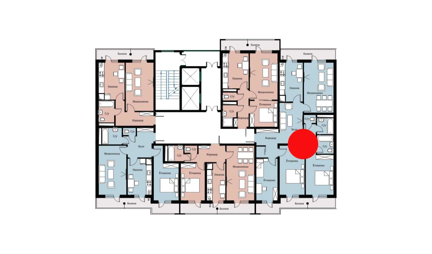 4-xonali xonadon 101.71 m²  1/16 qavat | SOKIN DIYOR Turar-joy majmuasi