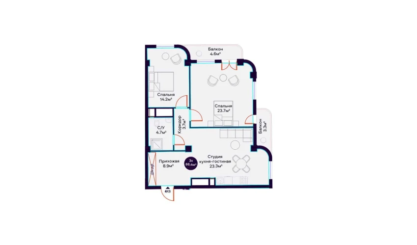 3-xonali xonadon 86.4 m²  15/16 qavat | Havas Premium Turar-joy majmuasi