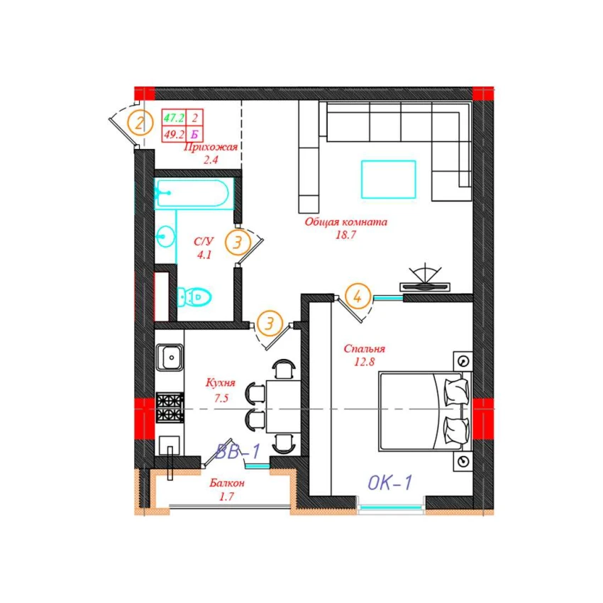 2-комн. квартира 49.2 м²  7/12 этаж | Жилой комплекс CHINARA PARK