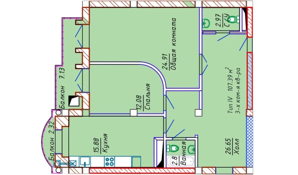 3-xonali xonadon 107.39 m²  8/10 qavat | Samarqand Park Avenue Turar-joy majmuasi
