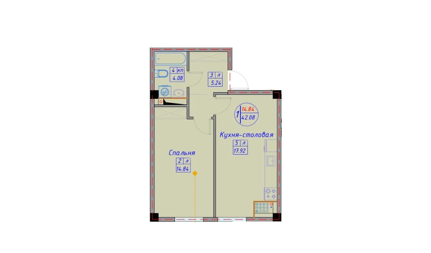 1-xonali xonadon 46.42 m²  1/12 qavat | SPUTNIK AVENUE Turar-joy majmuasi