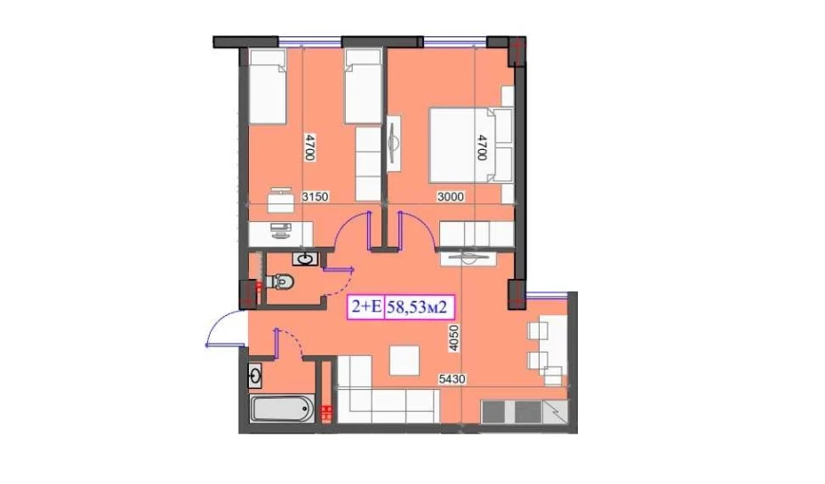 2-комнатная квартира 58.53 м²  1/7 этаж | Жилой комплекс O'ZBEGIM