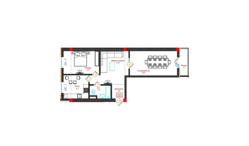 2-комнатная квартира 69.9 м²  6/12 этаж | Жилой комплекс CHINARA PARK