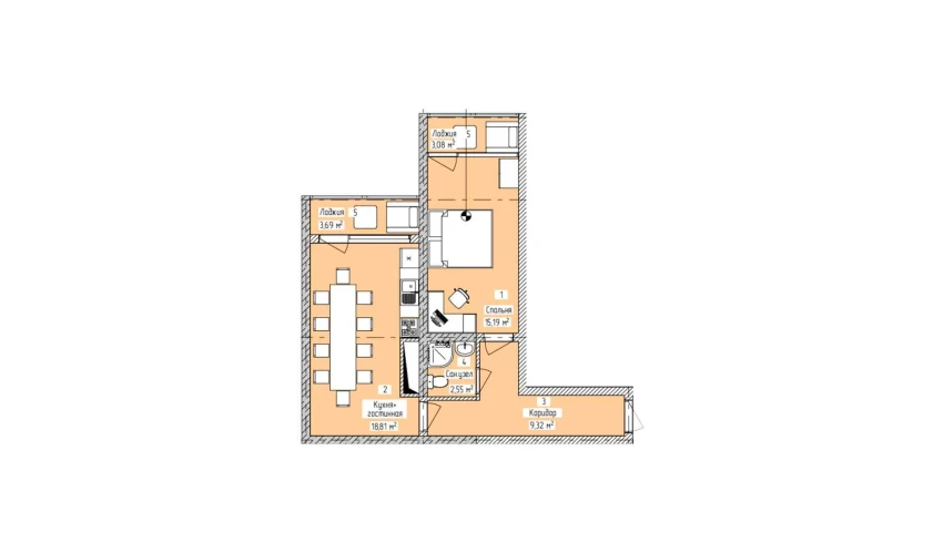 2-xonali xonadon 52.82 m²  13/16 qavat | ELITE ECO CITY Turar-joy majmuasi