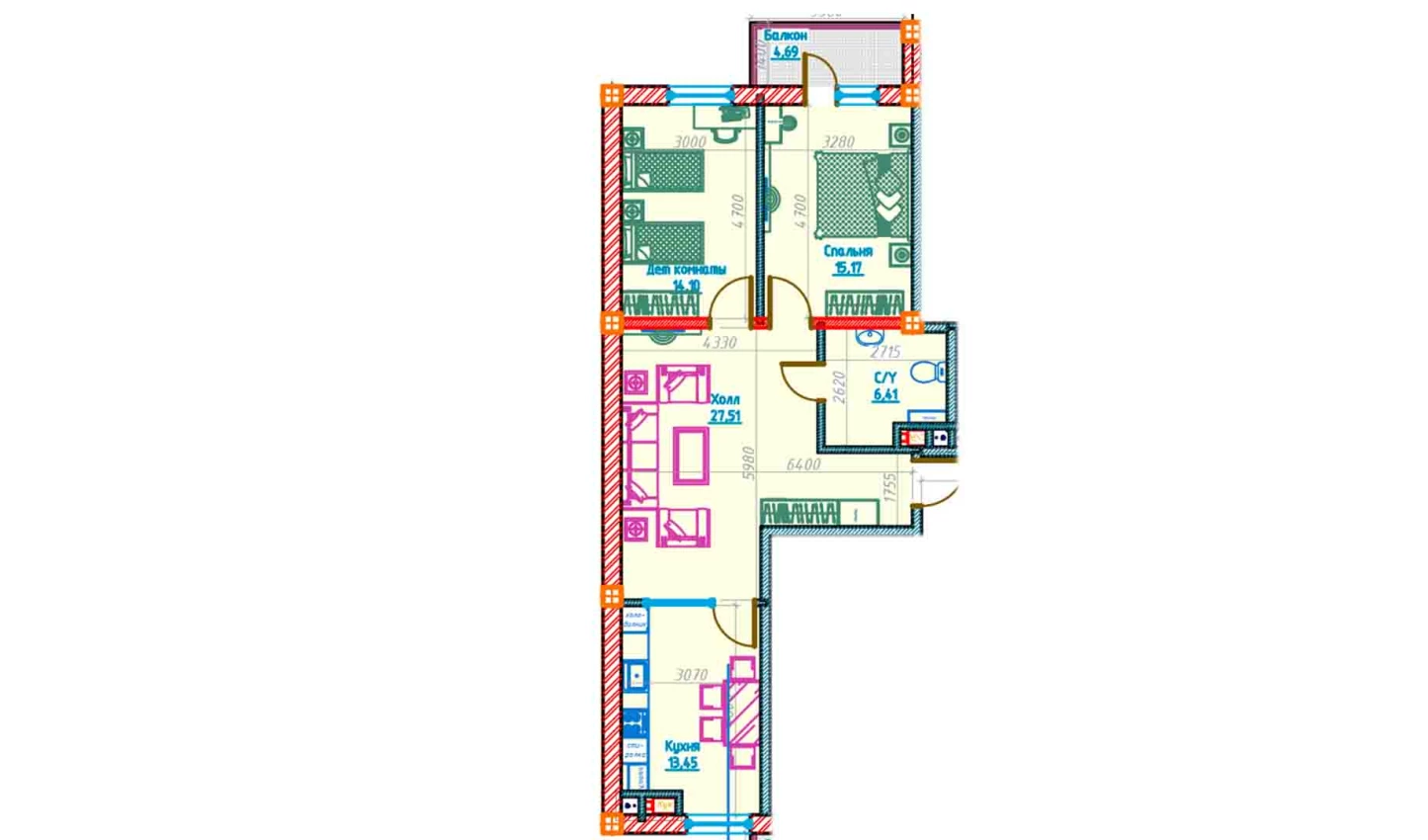 3-комн. квартира 76.62 м²  9/13 этаж | Жилой комплекс Al-Qasr