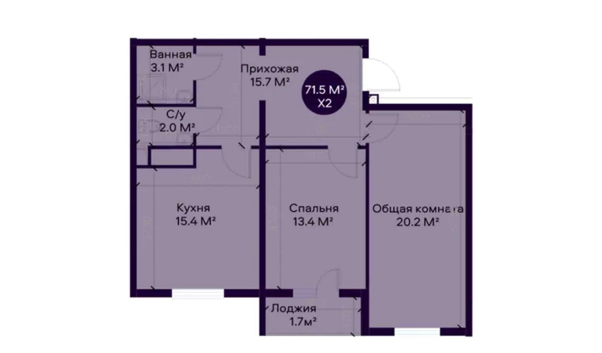 2-комнатная квартира 71.5 м²  2/9 этаж | Жилой комплекс YAQINLAR