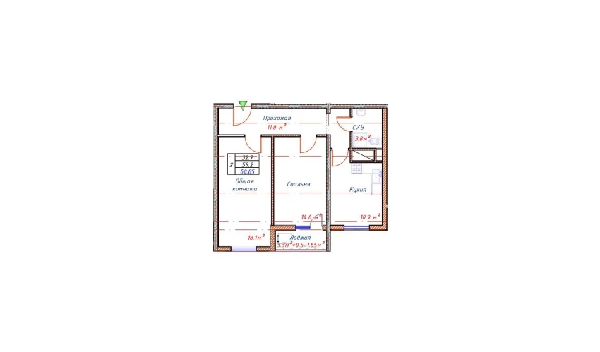 2-комнатная квартира 59.2 м²  16/16 этаж | Жилой комплекс Crystal Avenue