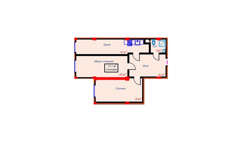 2-комнатная квартира 80.4 м²  3/10 этаж | Жилой комплекс Turon