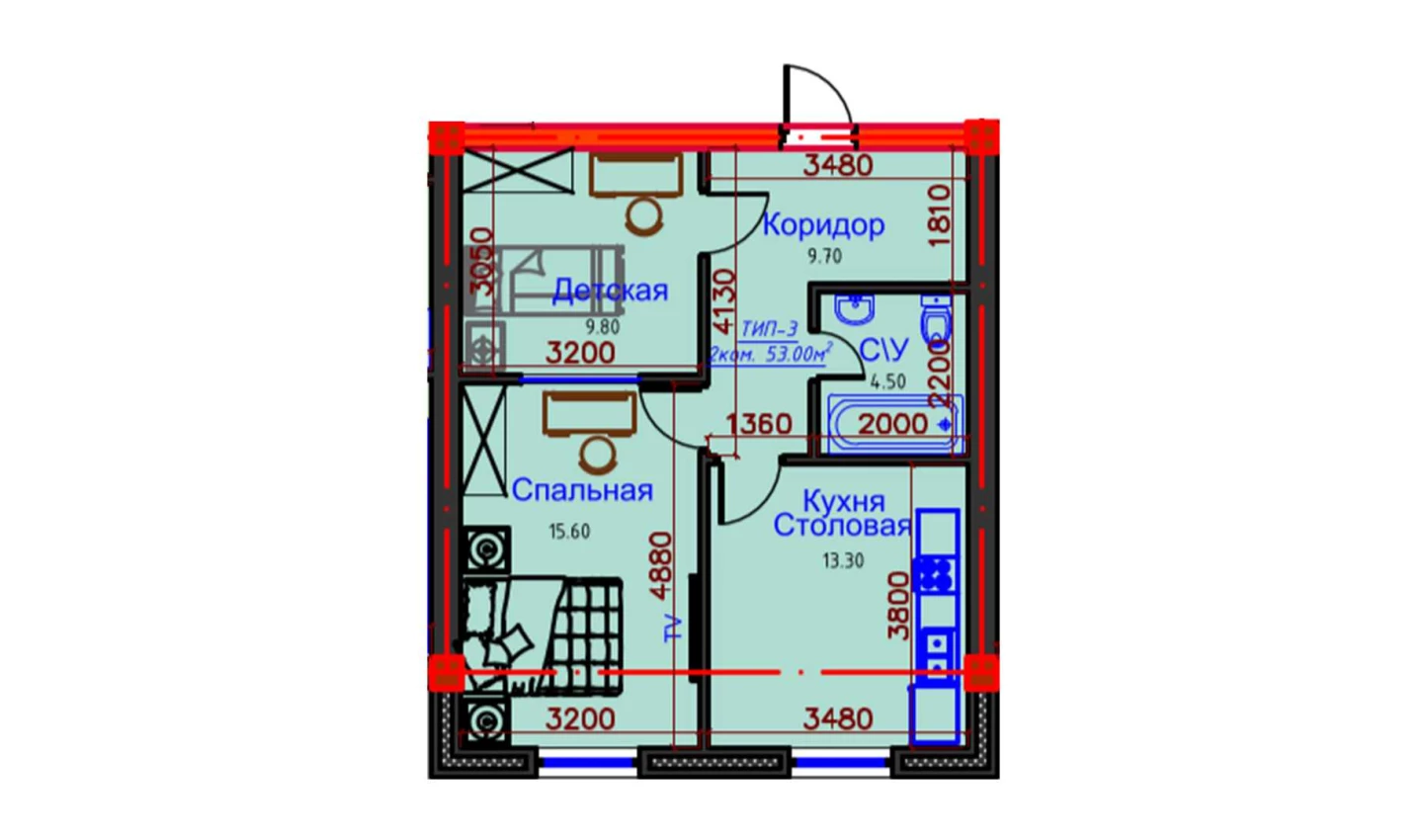 2-комн. квартира 53 м²  8/10 этаж | Жилой комплекс AFROSIYOB