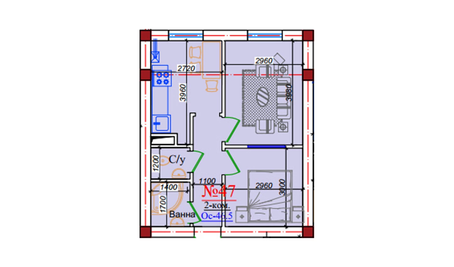 2-комн. квартира 46.5 м²  9/9 этаж | Жилой комплекс ZAR ZAMONAVIY UYLAR