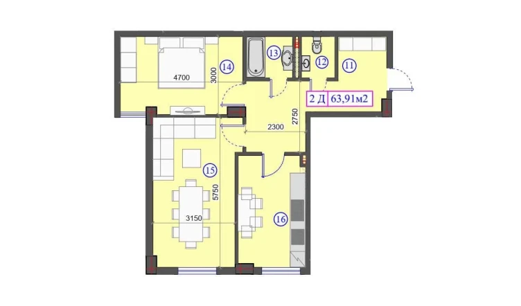 2-xonali xonadon 63.91 m²  1/7 qavat | O'ZBEGIM Turar-joy majmuasi
