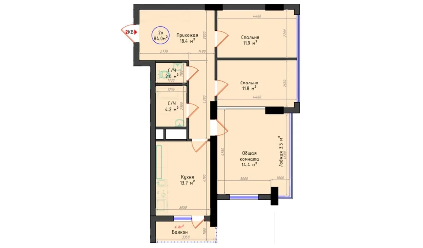 3-xonali xonadon 84 m²  9/25 qavat | Brilliant City Turar-joy majmuasi