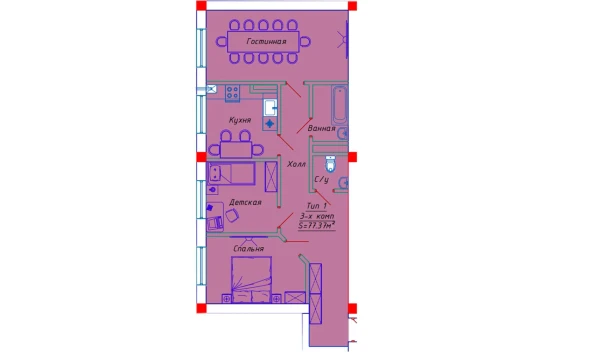 3-комнатная квартира 77.37 м²  3/10 этаж | Жилой комплекс Emir