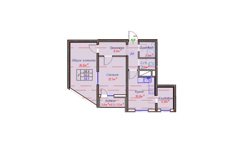 2-xonali xonadon 58.1 m²  14/16 qavat | TRINITY Turar-joy majmuasi