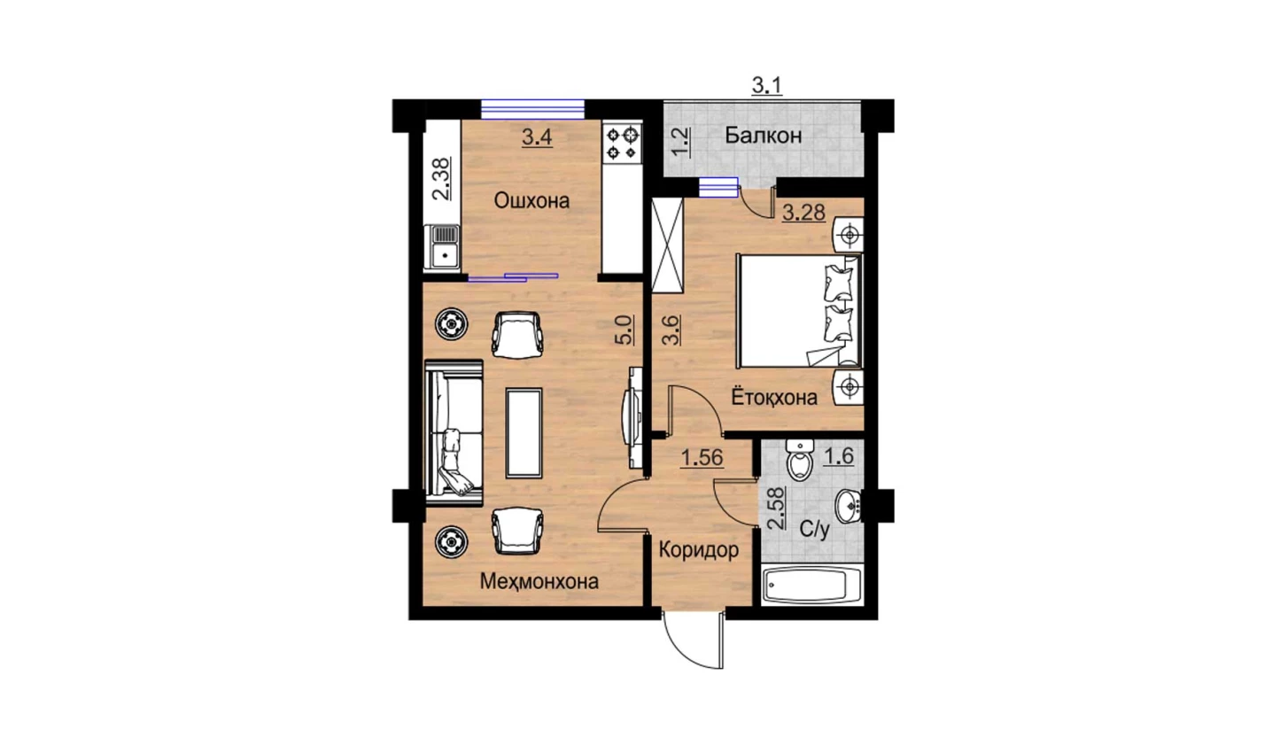 2-xonali xonadon 53.89 m²  16/16 qavat | BRILLIANT Turar-joy majmuasi