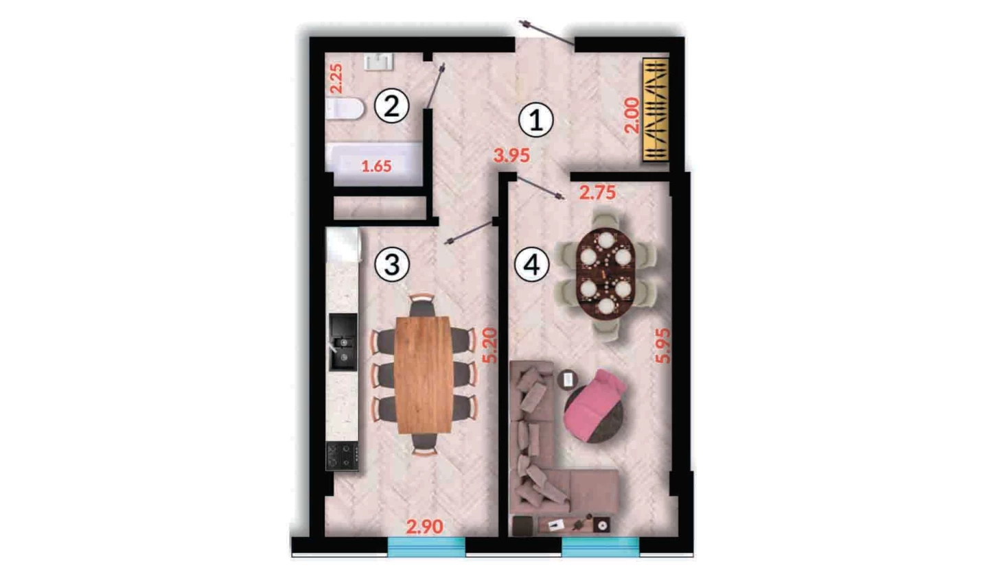 1-xonali xonadon 44.68 m²  3/10 qavat | Ko'kcha-Oqtepa Turar-joy majmuasi