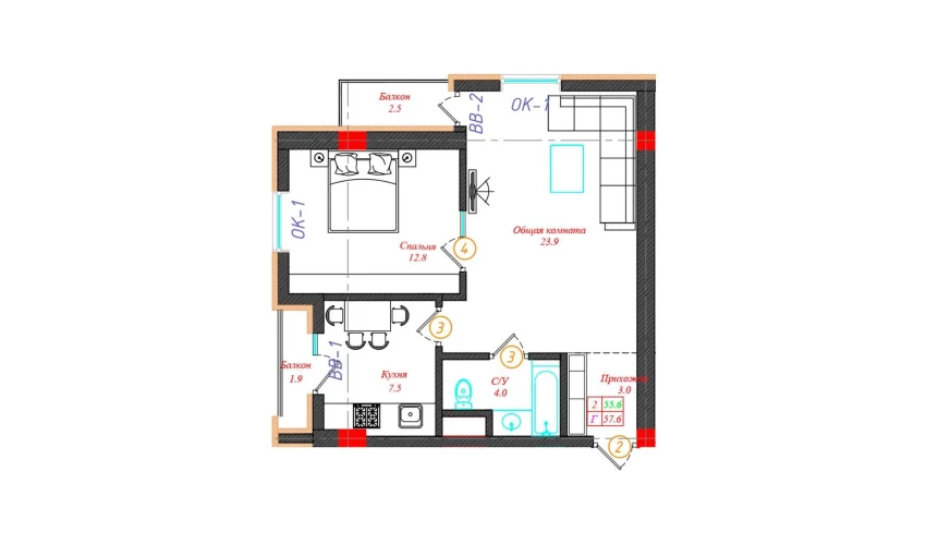 2-xonali xonadon 57.6 m²  4/12 qavat | CHINARA PARK Turar-joy majmuasi