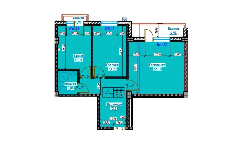 2-комнатная квартира 70.7 м²  3/13 этаж | Жилой комплекс Bog'dod City