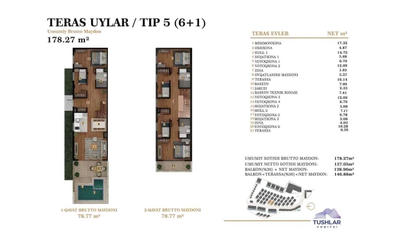 7-комнатная квартира 146.88 м²  2/4 этаж | Жилой комплекс TUSHLAR VODIYSI