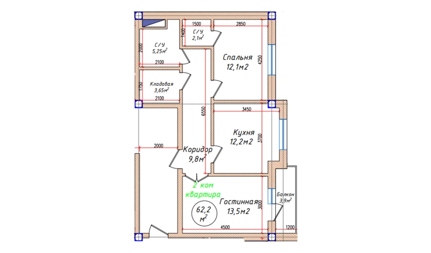 2-xonali xonadon 62.2 m²  3/5 qavat | Oq mahalla Turar-joy majmuasi