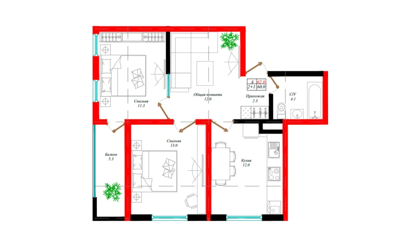 2-комнатная квартира 60 м²  3/12 этаж | Жилой комплекс Aman Residence