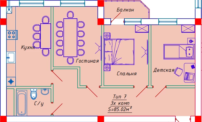 3-комн. квартира 85.02 м²  5/10 этаж | Жилой комплекс Emir