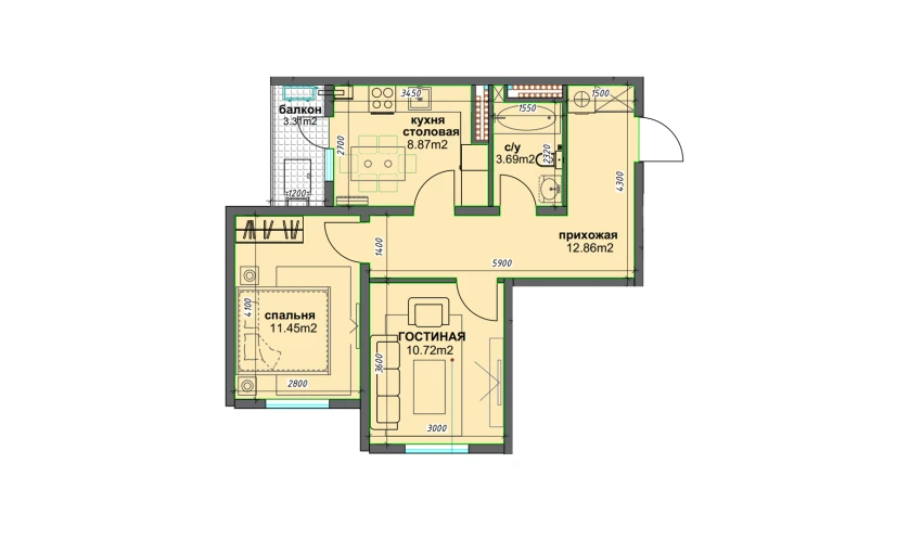 2-xonali xonadon 49.24 m²  15/16 qavat | BASHKENT Turar-joy majmuasi