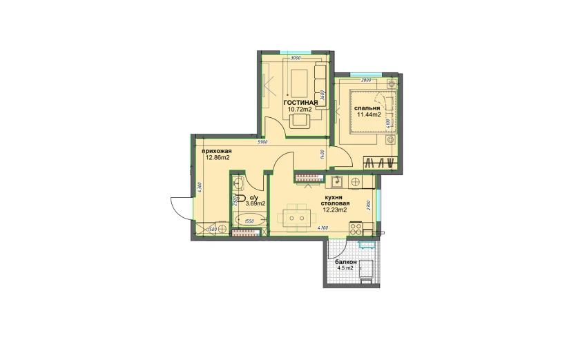 2-xonali xonadon 53.19 m²  14/16 qavat | BASHKENT Turar-joy majmuasi