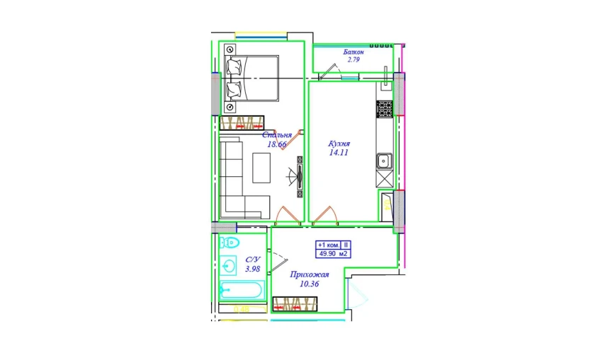 1-комнатная квартира 49.9 м²  6/17 этаж | Жилой комплекс ASTRA