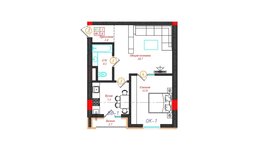 2-комнатная квартира 49.2 м²  11/12 этаж | Жилой комплекс CHINARA PARK