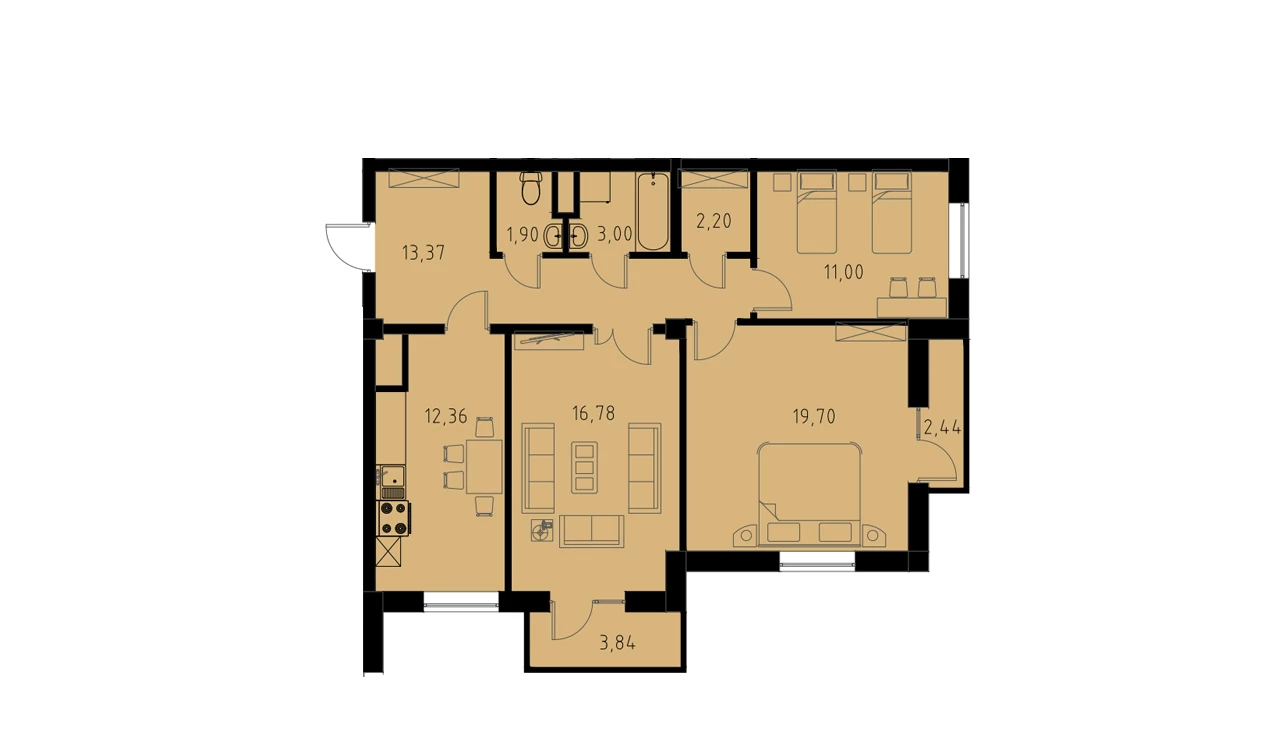 3-xonali xonadon 82.19 m²  5/9 qavat | MINGCHINOR Turar-joy majmuasi