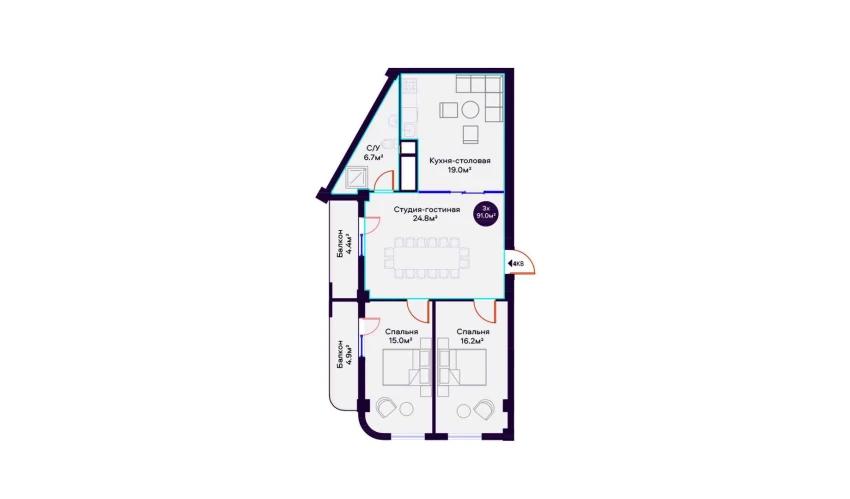 3-xonali xonadon 91 m²  5/16 qavat | Havas Premium Turar-joy majmuasi