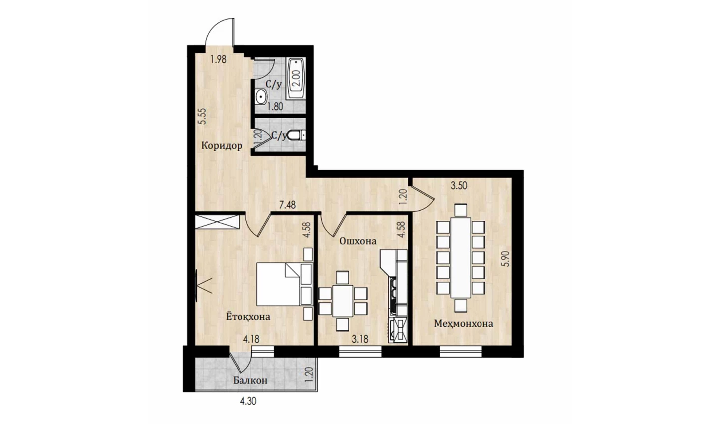 2-комн. квартира 87.3 м²  3/8 этаж | Жилой комплекс Mustaqillik Avenue