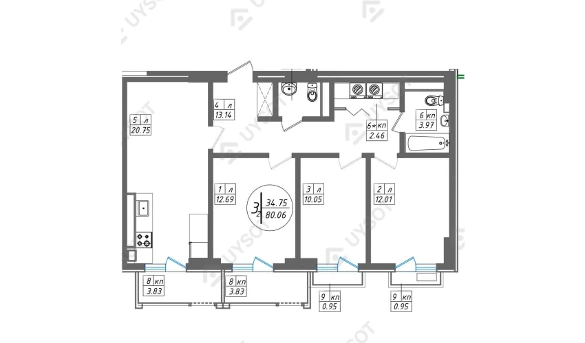 3-xonali xonadon 80.06 m²  12/12 qavat | SUN Turar-joy majmuasi