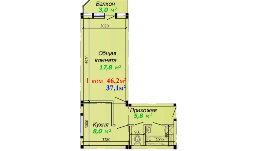 1-комнатная квартира 46.2 м²  7/7 этаж | Жилой комплекс Bunyodkor