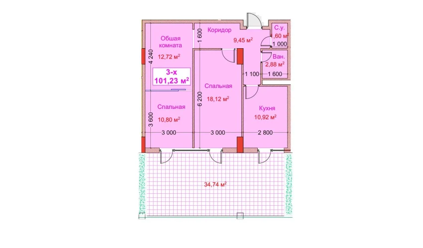 3-xonali xonadon 101.23 m²  2/8 qavat | CAPITAL AVENUE Turar-joy majmuasi