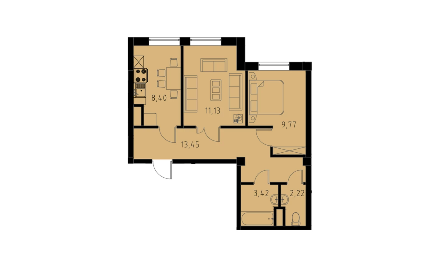2-xonali xonadon 48.39 m²  9/9 qavat | MINGCHINOR Turar-joy majmuasi