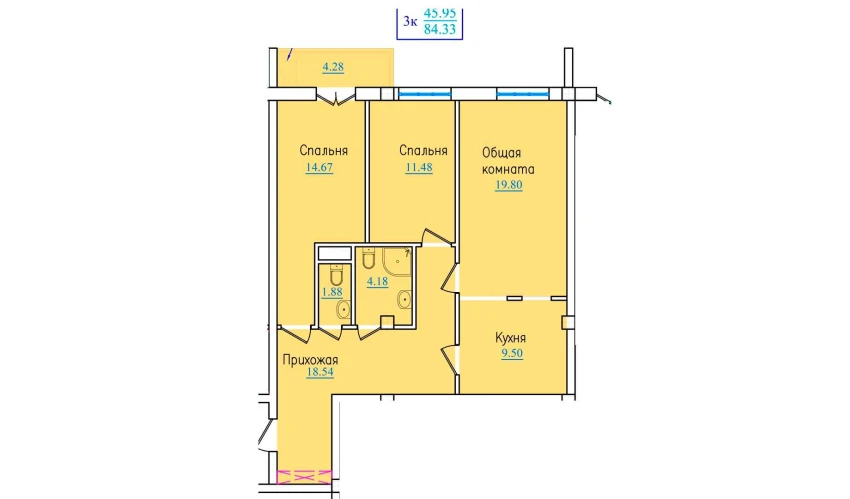 3-xonali xonadon 84.33 m²  7/9 qavat | PROVANS Turar-joy majmuasi