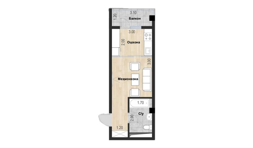 1-комнатная квартира 27.25 м²  2/7 этаж | Жилой комплекс Bochka Resort