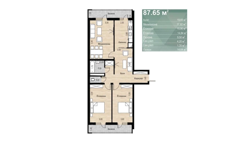 3-xonali xonadon 87.65 m²  7/16 qavat | SOKIN DIYOR Turar-joy majmuasi