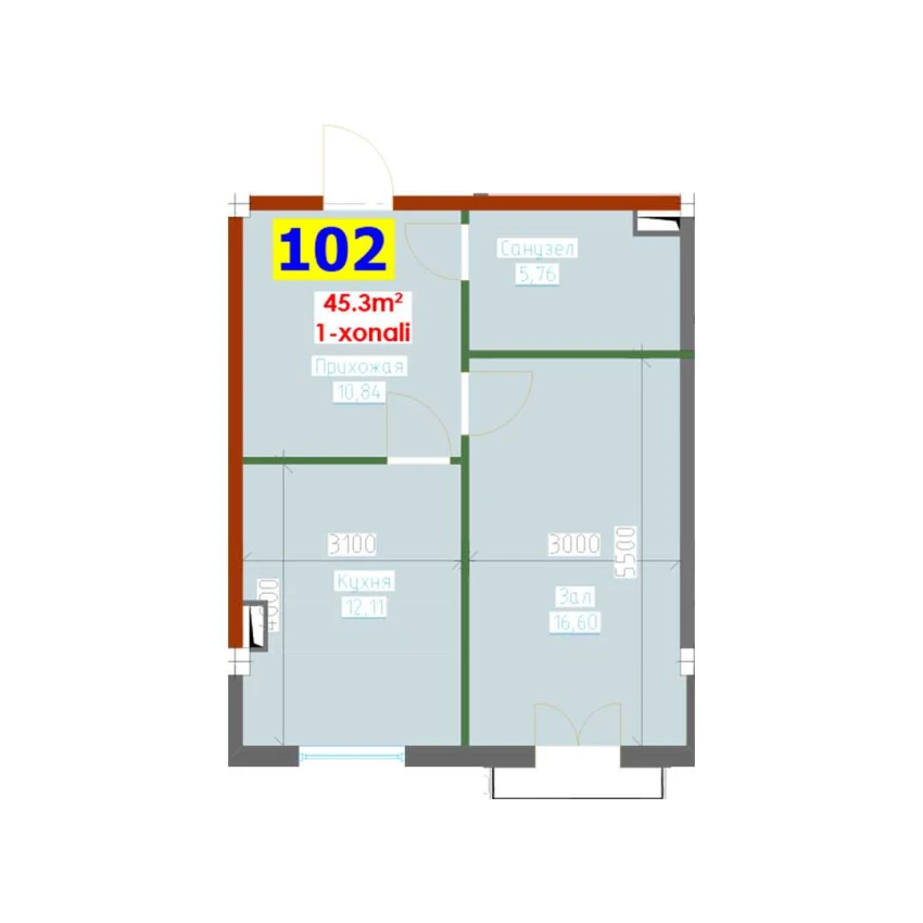 1-комн. квартира 45.3 м²  4/9 этаж | Жилой комплекс YANGI AVLOD