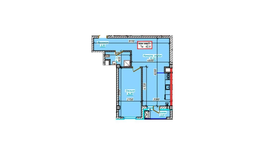 2-комнатная квартира 62.8 м²  9/9 этаж | Жилой комплекс Aero Town