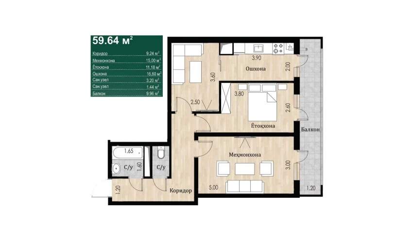 2-xonali xonadon 59.64 m²  8/16 qavat | SOKIN DIYOR Turar-joy majmuasi