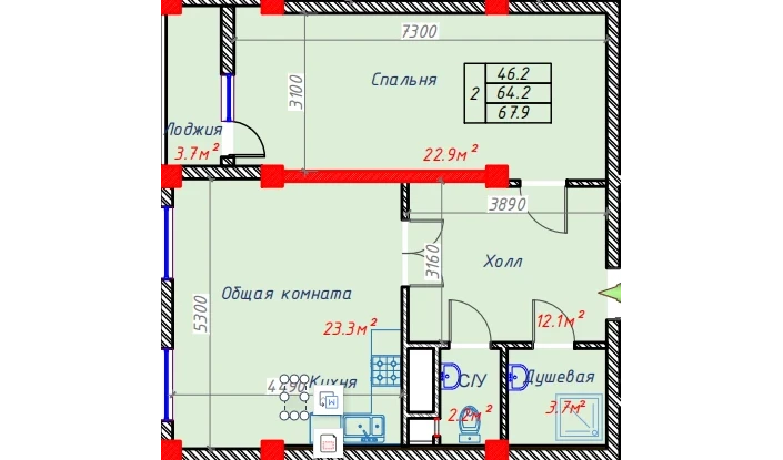 2-комнатная квартира 67.9 м²  4/9 этаж | Жилой комплекс Hakimi Towers