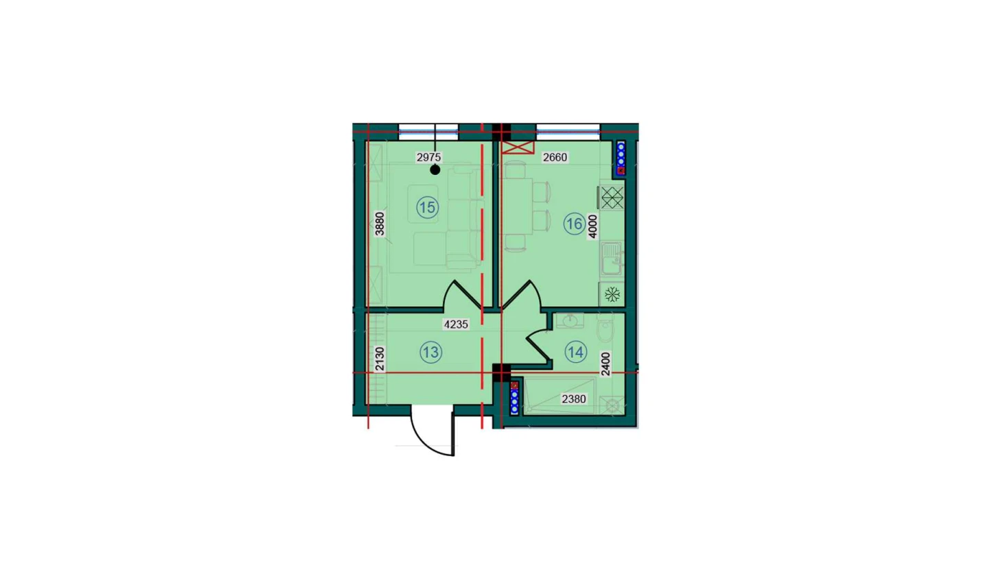 1-xonali xonadon 37.5 m²  1/7 qavat | Bristol Turar-joy majmuasi