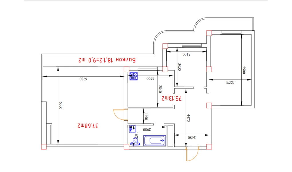 2-xonali xonadon 75.13 m²  13/13 qavat | MEGAPOLIS Б2 Turar-joy majmuasi