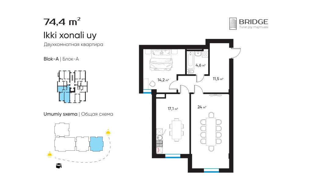 2-комн. квартира 74.4 м²  8/10 этаж | Жилой комплекс BRIDGE