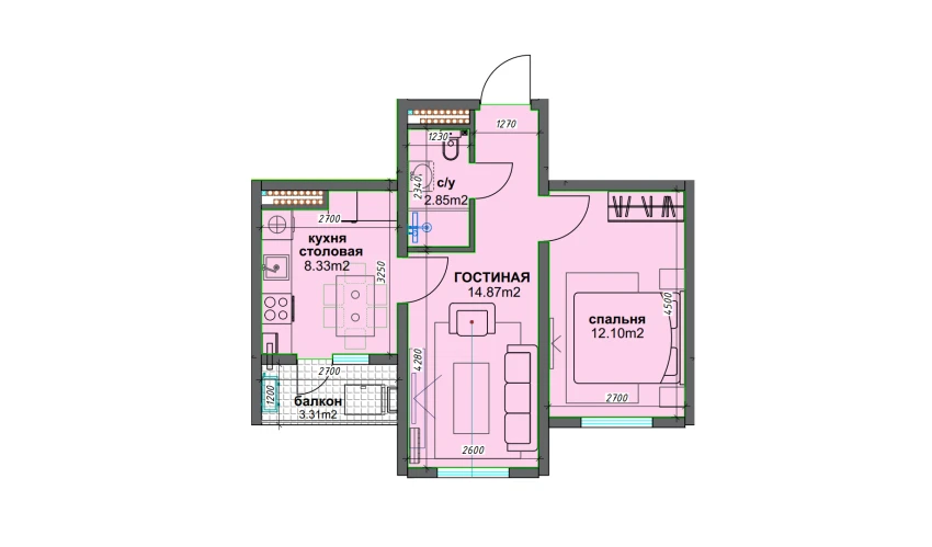 2-комнатная квартира 39.8 м²  15/16 этаж | Жилой комплекс BASHKENT
